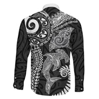 Aotearoa Maori Sea Animals Tribal Family Matching Mermaid Dress and Hawaiian Shirt Manta Ray and Shark Moko Pattern Black Color
