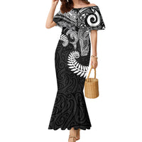 Aotearoa Maori Sea Animals Tribal Family Matching Mermaid Dress and Hawaiian Shirt Manta Ray and Shark Moko Pattern Black Color