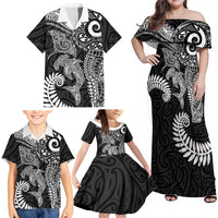 Aotearoa Maori Sea Animals Tribal Family Matching Off Shoulder Maxi Dress and Hawaiian Shirt Manta Ray and Shark Moko Pattern Black Color