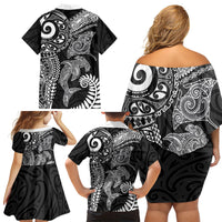 Aotearoa Maori Sea Animals Tribal Family Matching Off Shoulder Short Dress and Hawaiian Shirt Manta Ray and Shark Moko Pattern Black Color
