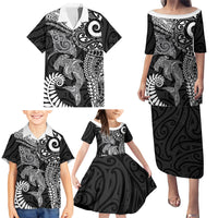 Aotearoa Maori Sea Animals Tribal Family Matching Puletasi and Hawaiian Shirt Manta Ray and Shark Moko Pattern Black Color