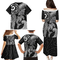 Aotearoa Maori Sea Animals Tribal Family Matching Puletasi and Hawaiian Shirt Manta Ray and Shark Moko Pattern Black Color