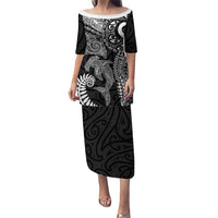 Aotearoa Maori Sea Animals Tribal Family Matching Puletasi and Hawaiian Shirt Manta Ray and Shark Moko Pattern Black Color