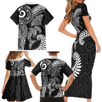 Aotearoa Maori Sea Animals Tribal Family Matching Short Sleeve Bodycon Dress and Hawaiian Shirt Manta Ray and Shark Moko Pattern Black Color