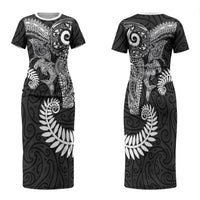 Aotearoa Maori Sea Animals Tribal Family Matching Short Sleeve Bodycon Dress and Hawaiian Shirt Manta Ray and Shark Moko Pattern Black Color LT03 Mom's Dress Black - Polynesian Pride