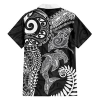 Aotearoa Maori Sea Animals Tribal Family Matching Short Sleeve Bodycon Dress and Hawaiian Shirt Manta Ray and Shark Moko Pattern Black Color