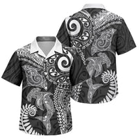 Aotearoa Maori Sea Animals Tribal Family Matching Summer Maxi Dress and Hawaiian Shirt Manta Ray and Shark Moko Pattern Black Color LT03 Son's Shirt Black - Polynesian Pride