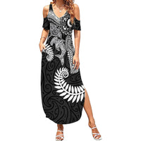 Aotearoa Maori Sea Animals Tribal Family Matching Summer Maxi Dress and Hawaiian Shirt Manta Ray and Shark Moko Pattern Black Color