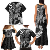 Aotearoa Maori Sea Animals Tribal Family Matching Tank Maxi Dress and Hawaiian Shirt Manta Ray and Shark Moko Pattern Black Color