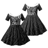 Aotearoa Maori Sea Animals Tribal Family Matching Tank Maxi Dress and Hawaiian Shirt Manta Ray and Shark Moko Pattern Black Color LT03 Daughter's Dress Black - Polynesian Pride