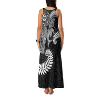Aotearoa Maori Sea Animals Tribal Family Matching Tank Maxi Dress and Hawaiian Shirt Manta Ray and Shark Moko Pattern Black Color