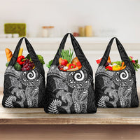 Aotearoa Maori Sea Animals Tribal Grocery Bag Manta Ray and Shark Moko Pattern Black Color