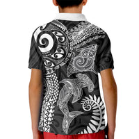 Aotearoa Maori Sea Animals Tribal Kid Polo Shirt Manta Ray and Shark Moko Pattern Black Color