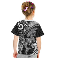 Aotearoa Maori Sea Animals Tribal Kid T Shirt Manta Ray and Shark Moko Pattern Black Color
