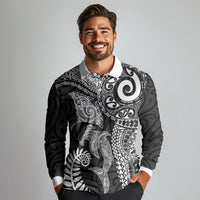 Aotearoa Maori Sea Animals Tribal Long Sleeve Polo Shirt Manta Ray and Shark Moko Pattern Black Color