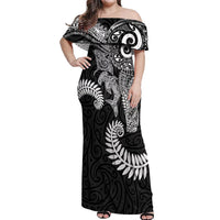 Aotearoa Maori Sea Animals Tribal Off Shoulder Maxi Dress Manta Ray and Shark Moko Pattern Black Color