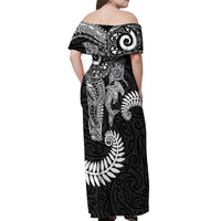 Aotearoa Maori Sea Animals Tribal Off Shoulder Maxi Dress Manta Ray and Shark Moko Pattern Black Color