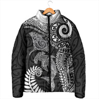 Aotearoa Maori Sea Animals Tribal Padded Jacket Manta Ray and Shark Moko Pattern Black Color