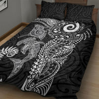 Aotearoa Maori Sea Animals Tribal Quilt Bed Set Manta Ray and Shark Moko Pattern Black Color