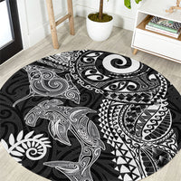 Aotearoa Maori Sea Animals Tribal Round Carpet Manta Ray and Shark Moko Pattern Black Color
