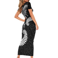 Aotearoa Maori Sea Animals Tribal Short Sleeve Bodycon Dress Manta Ray and Shark Moko Pattern Black Color
