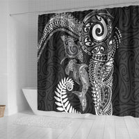 Aotearoa Maori Sea Animals Tribal Shower Curtain Manta Ray and Shark Moko Pattern Black Color