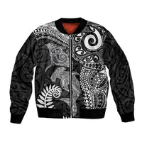 Aotearoa Maori Sea Animals Tribal Sleeve Zip Bomber Jacket Manta Ray and Shark Moko Pattern Black Color