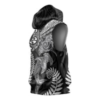 Aotearoa Maori Sea Animals Tribal Sleeveless Hoodie Manta Ray and Shark Moko Pattern Black Color