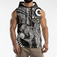 Aotearoa Maori Sea Animals Tribal Sleeveless Hoodie Manta Ray and Shark Moko Pattern Black Color