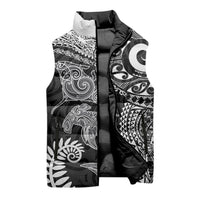Aotearoa Maori Sea Animals Tribal Sleeveless Puffer Jacket Manta Ray and Shark Moko Pattern Black Color
