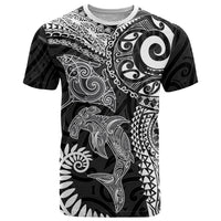 Aotearoa Maori Sea Animals Tribal T Shirt Manta Ray and Shark Moko Pattern Black Color