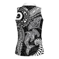 Aotearoa Maori Sea Animals Tribal Women Sleeveless Polo Shirt Manta Ray and Shark Moko Pattern Black Color