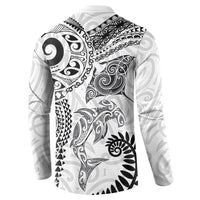 Aotearoa Maori Sea Animals Tribal Button Sweatshirt Manta Ray and Shark Moko Pattern White Color