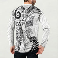 Aotearoa Maori Sea Animals Tribal Button Sweatshirt Manta Ray and Shark Moko Pattern White Color