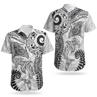 Aotearoa Maori Sea Animals Tribal Couples Matching Long Sleeve Bodycon Dress and Hawaiian Shirt Manta Ray and Shark Moko Pattern White Color LT03 - Polynesian Pride