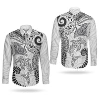Aotearoa Maori Sea Animals Tribal Couples Matching Long Sleeve Bodycon Dress and Long Sleeve Button Shirt Manta Ray and Shark Moko Pattern White Color LT03 - Polynesian Pride
