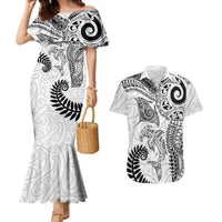 Aotearoa Maori Sea Animals Tribal Couples Matching Mermaid Dress and Hawaiian Shirt Manta Ray and Shark Moko Pattern White Color