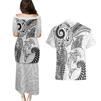 Aotearoa Maori Sea Animals Tribal Couples Matching Puletasi and Hawaiian Shirt Manta Ray and Shark Moko Pattern White Color
