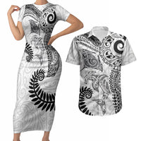 Aotearoa Maori Sea Animals Tribal Couples Matching Short Sleeve Bodycon Dress and Hawaiian Shirt Manta Ray and Shark Moko Pattern White Color LT03 White - Polynesian Pride