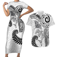 Aotearoa Maori Sea Animals Tribal Couples Matching Short Sleeve Bodycon Dress and Hawaiian Shirt Manta Ray and Shark Moko Pattern White Color