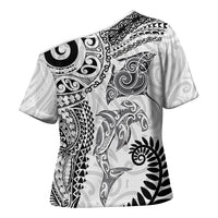 Aotearoa Maori Sea Animals Tribal Cross Shoulder Shirt Manta Ray and Shark Moko Pattern White Color