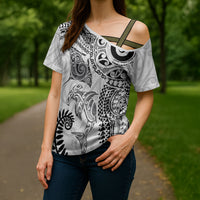 Aotearoa Maori Sea Animals Tribal Cross Shoulder Shirt Manta Ray and Shark Moko Pattern White Color