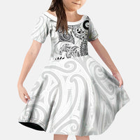 Aotearoa Maori Sea Animals Tribal Family Matching Long Sleeve Bodycon Dress and Hawaiian Shirt Manta Ray and Shark Moko Pattern White Color