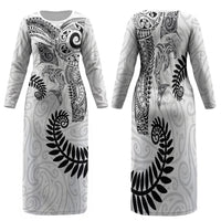 Aotearoa Maori Sea Animals Tribal Family Matching Long Sleeve Bodycon Dress and Hawaiian Shirt Manta Ray and Shark Moko Pattern White Color LT03 Mom's Dress White - Polynesian Pride