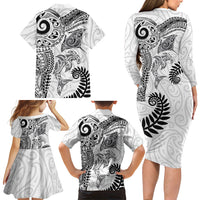 Aotearoa Maori Sea Animals Tribal Family Matching Long Sleeve Bodycon Dress and Hawaiian Shirt Manta Ray and Shark Moko Pattern White Color