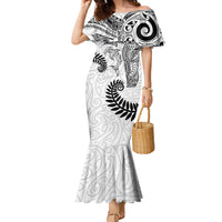 Aotearoa Maori Sea Animals Tribal Family Matching Mermaid Dress and Hawaiian Shirt Manta Ray and Shark Moko Pattern White Color