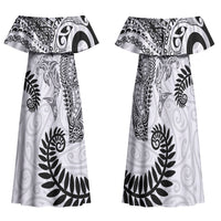 Aotearoa Maori Sea Animals Tribal Family Matching Off Shoulder Maxi Dress and Hawaiian Shirt Manta Ray and Shark Moko Pattern White Color LT03 Mom's Dress White - Polynesian Pride