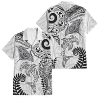 Aotearoa Maori Sea Animals Tribal Family Matching Off Shoulder Maxi Dress and Hawaiian Shirt Manta Ray and Shark Moko Pattern White Color LT03 Dad's Shirt - Short Sleeve White - Polynesian Pride