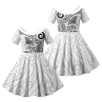 Aotearoa Maori Sea Animals Tribal Family Matching Off Shoulder Maxi Dress and Hawaiian Shirt Manta Ray and Shark Moko Pattern White Color LT03 Daughter's Dress White - Polynesian Pride