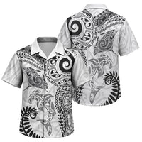 Aotearoa Maori Sea Animals Tribal Family Matching Off Shoulder Maxi Dress and Hawaiian Shirt Manta Ray and Shark Moko Pattern White Color LT03 Son's Shirt White - Polynesian Pride